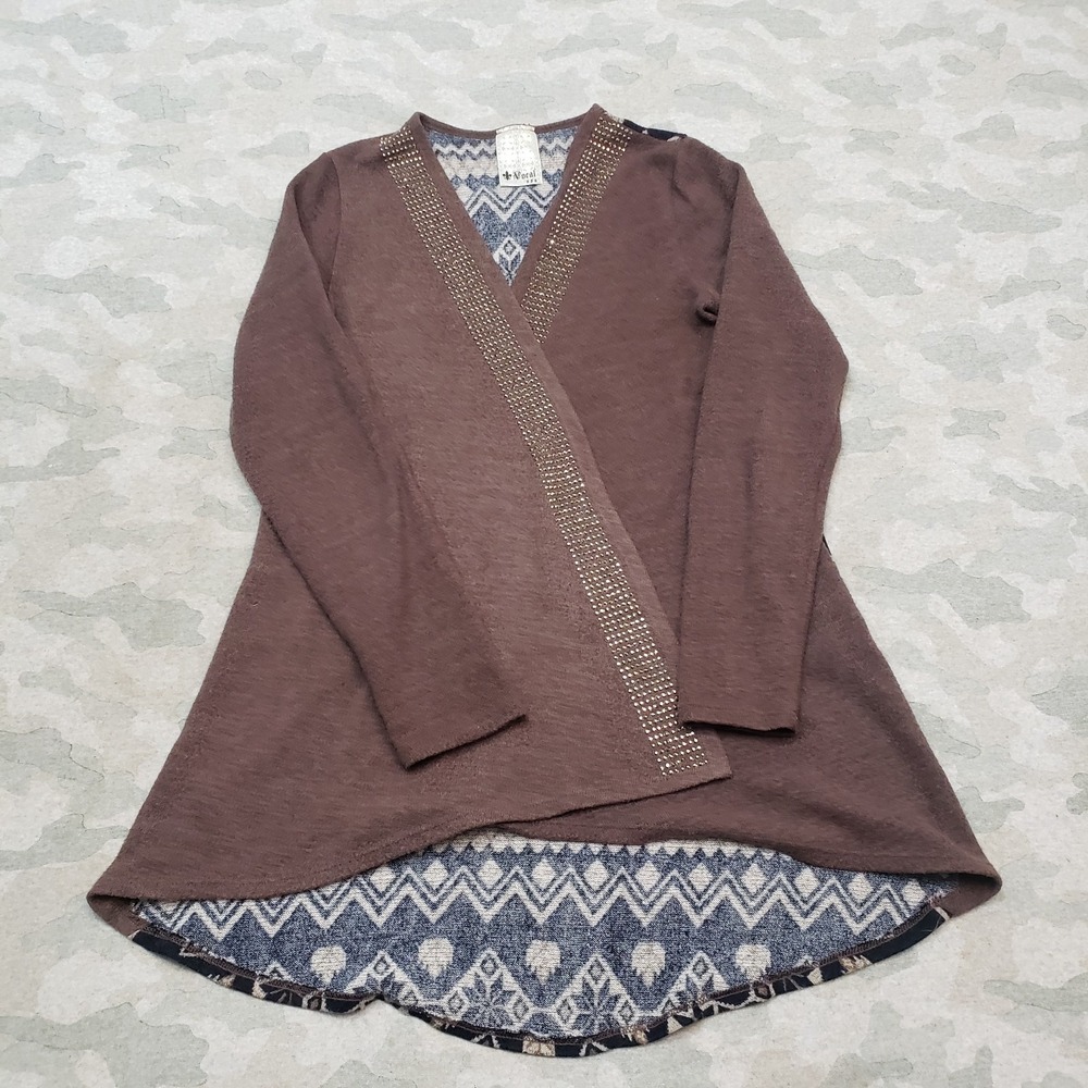 Vocal Cardigan Sweater Womens Large‎ Brown Open Front Long Sleeve